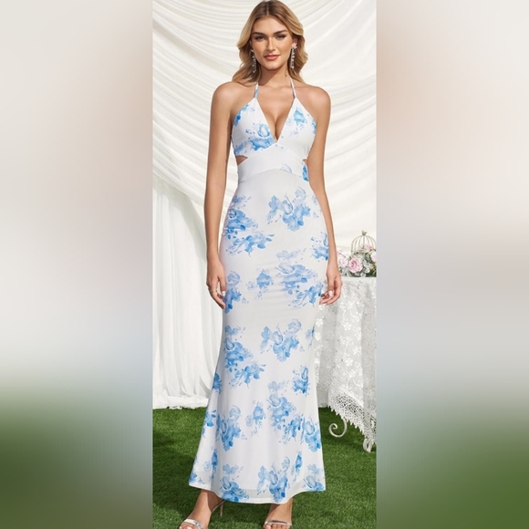 Blue Floral Halter Backless Maxi Dress with Side Cutouts | NWT | Size 10 - Picture 3 of 7